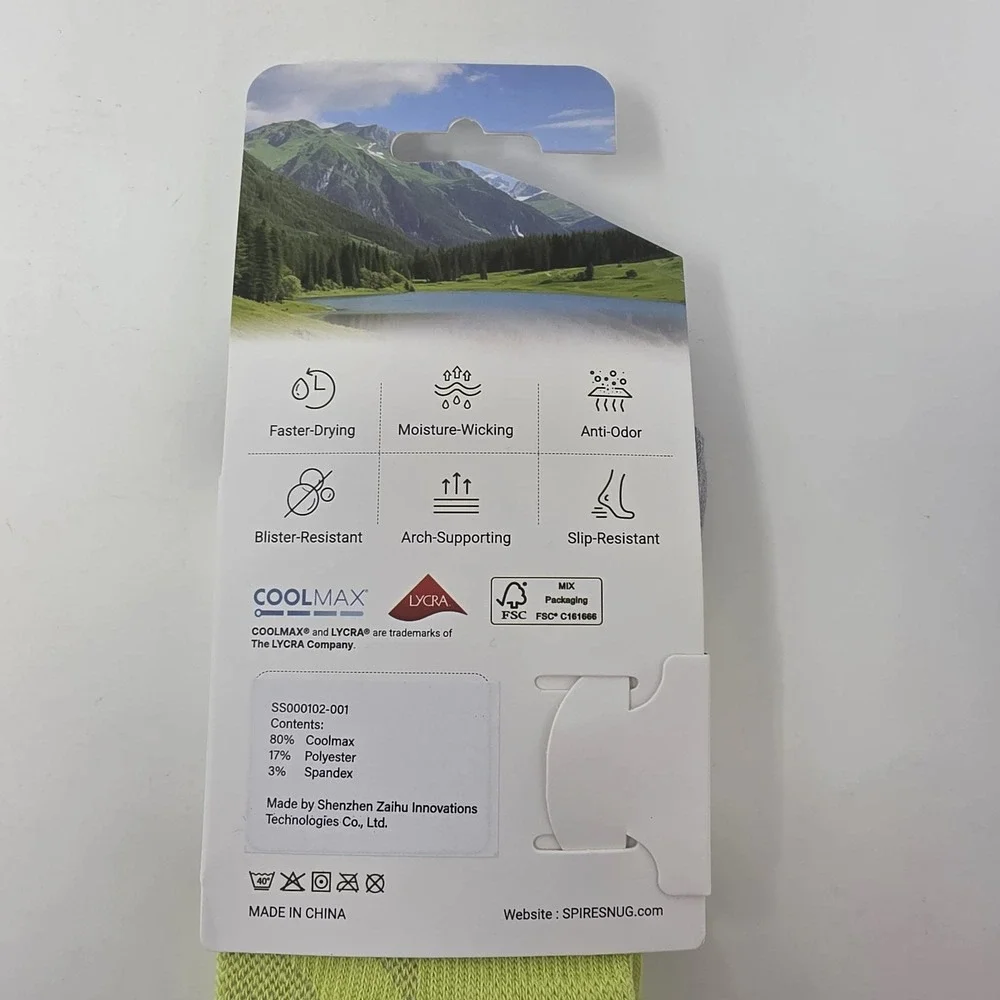 New! SpireSnug Crew Targeted Cushion Coolmax Hiking Socks Neon Yellow Gray Large